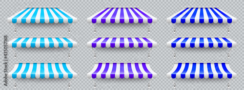 Shop sunshade with metal mount. Realistic blue, violet striped cafe awning. Outdoor market tent. Roof canopy. Summer street store. Vector illustration.