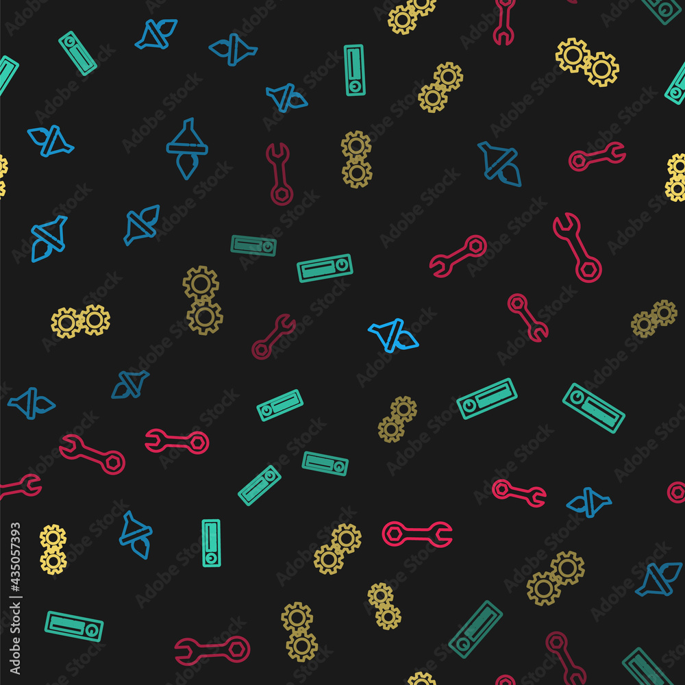 Set line Funnel and oil drop, Car Audio, Gear and Wrench spanner on seamless pattern. Vector Set line Funnel and oil drop, Car Audio, Gear and Wrench spanner on seamless pattern. Vector