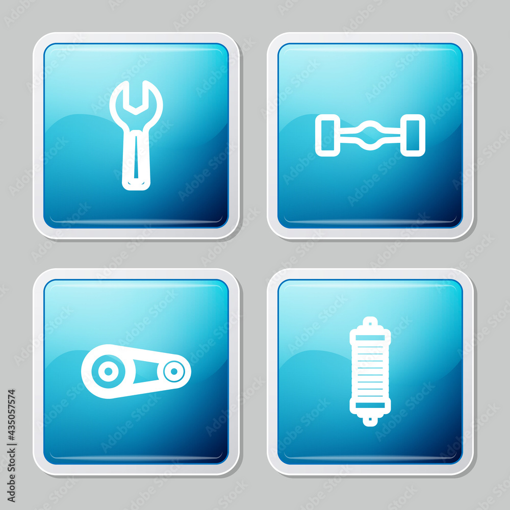 Set line Wrench spanner, Chassis car, Timing belt kit and Shock absorber icon. Vector Set line Wrench spanner, Chassis car, Timing belt kit and Shock absorber icon. Vector