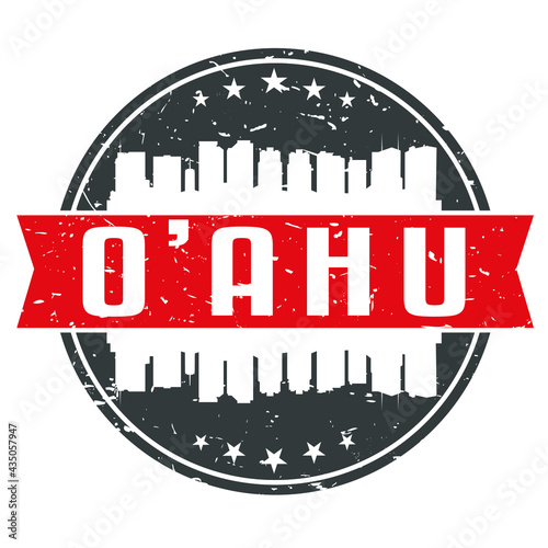 O‘ahu, Hawaii, USA Round Travel Stamp. Icon Skyline City Design. Seal Tourism Vector Badge Illustration.