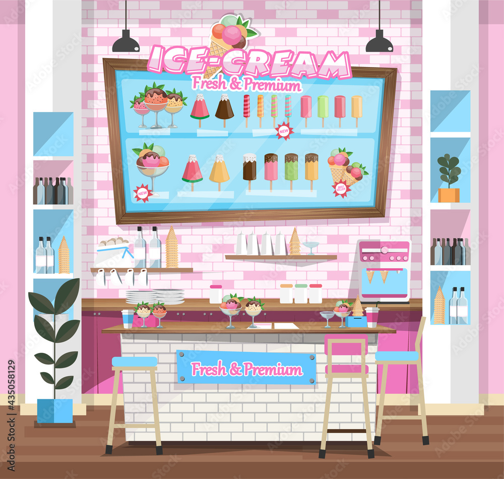 Fototapeta Empty interior ice-cream shop with Design Elements. Flat style illustration. Vector Illustration