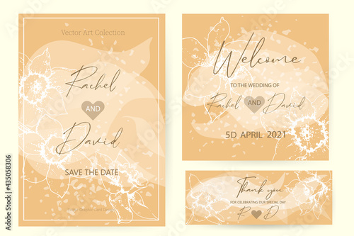 Wedding set of invitations, cards, menus with contour golden design of flowers. Vector illustration.
