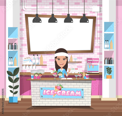 Empty interior ice-cream shop with Design Elements. Flat style illustration. Vector Illustration
