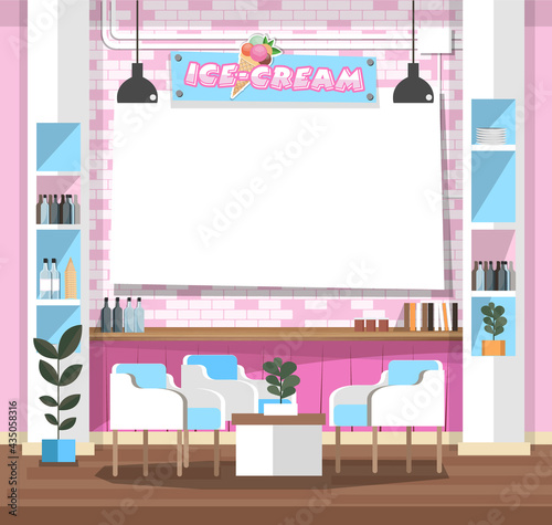 Empty interior ice-cream shop with Design Elements. Flat style illustration. Vector Illustration