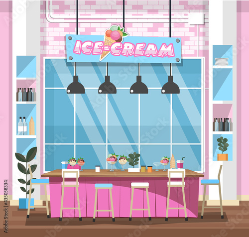 Empty interior ice-cream shop with Design Elements. Flat style illustration. Vector Illustration
