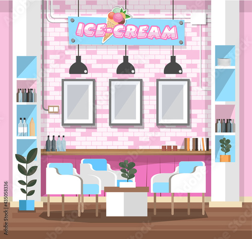 Empty interior ice-cream shop with Design Elements. Flat style illustration. Vector Illustration