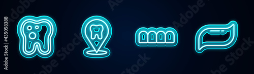 Set line Tooth with caries, Dental clinic location, Dentures model and Toothpaste. Glowing neon icon. Vector