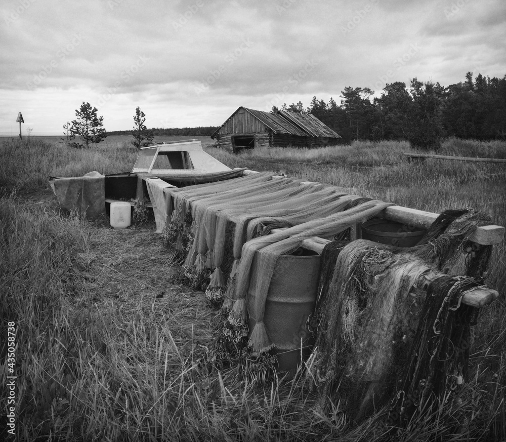 Obraz premium Fishing nets in the Novaya Sosnovaya tract on the northern coast of Bolshoy Solovetsky Island near the White Sea