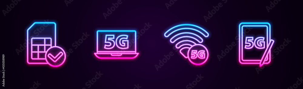 Set line Sim card, Laptop with 5G network, and Graphic tablet. Glowing neon icon. Vector Set line Sim card, Laptop with 5G network, and Graphic tablet. Glowing neon icon. Vector