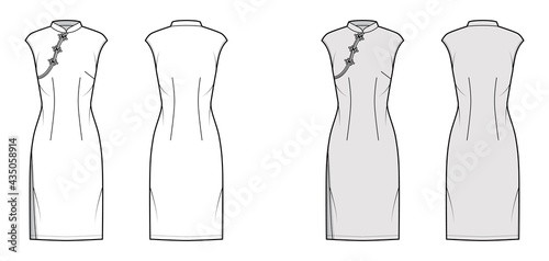 Dress qipao cheongsam technical fashion illustration with short sleeves, fitted body, knee length pencil skirt. Flat apparel front, back, white, grey color style. Women, men unisex CAD mockup photo