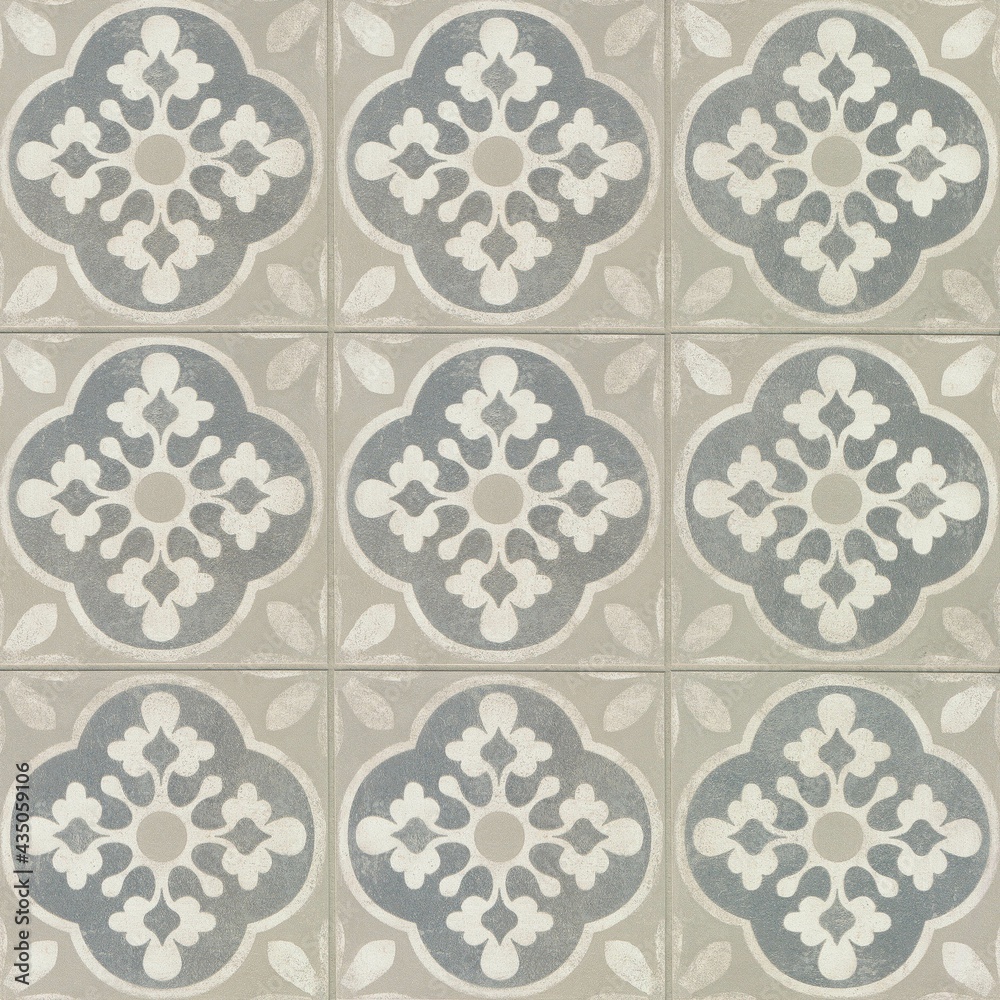 Seamless porcelain tile texture with symmetric floral ornamental pattern