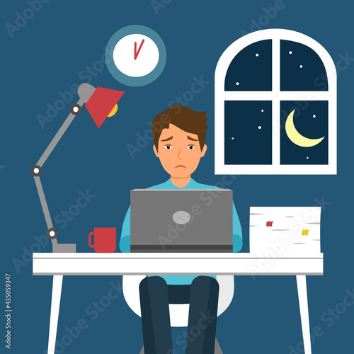 Man working overtime at night. Sleepy tired employee doing overtime for company.