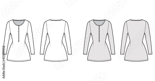Dress henley collar technical fashion illustration with long sleeves, fitted body, mini length pencil skirt. Flat apparel front, back, white, grey color style. Women, men unisex CAD mockup