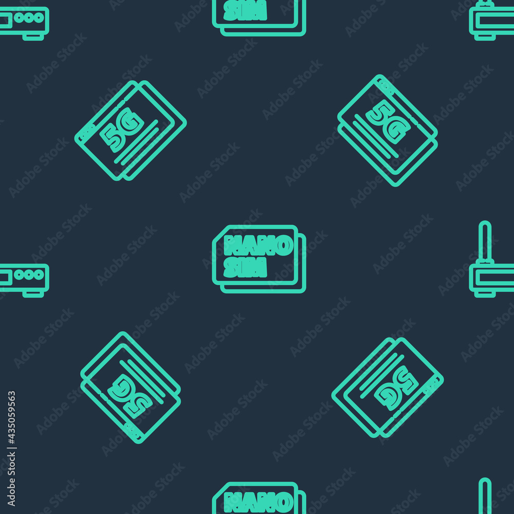 Set line Nano Sim Card, 5G network and Router and wi-fi signal on seamless pattern. Vector Set line Nano Sim Card, 5G network and Router and wi-fi signal on seamless pattern. Vector