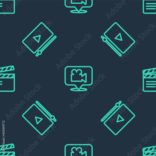 Set line Camera and location, Online play video and Movie clapper on seamless pattern. Vector