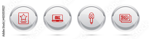 Set line Hollywood walk of fame star, Laptop with 8k, Microphone and 3D word. Silver circle button. Vector