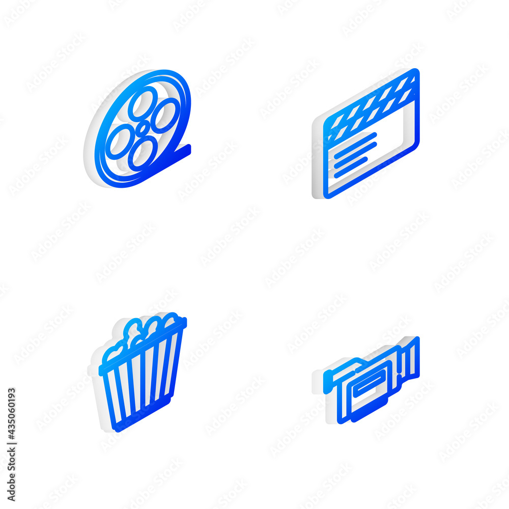 Set Isometric line Movie clapper, Film reel, Popcorn in box and Cinema camera icon. Vector