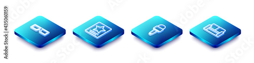 Set Isometric line 3D cinema glasses, Hollywood walk of fame star, Microphone and Cinema chair icon. Vector