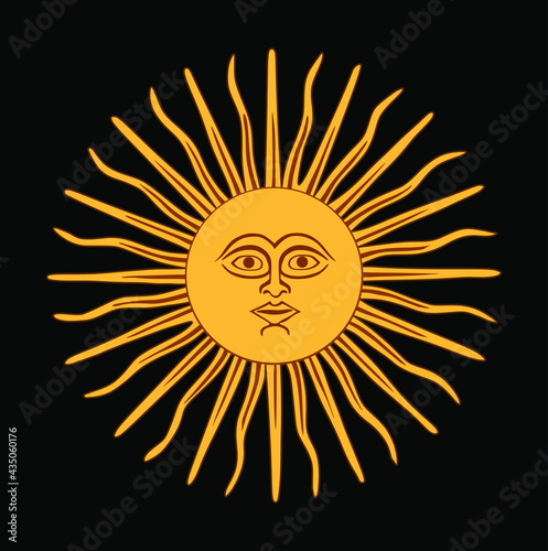The Inca sun God. Sun of may. Inca god Inti, from Argentina and Uruguay national flag. Antique sun symbol with face, vintage heraldic emblem.
