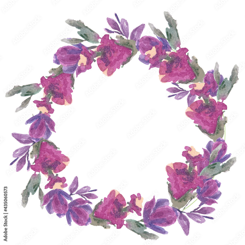 wreath of watercolor lilac and pink flowers green leaves,for a card ,congratulation or invitation,botanical print