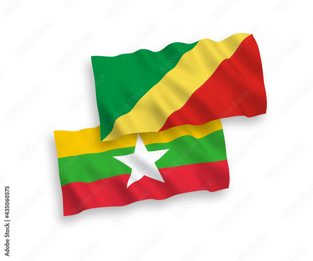 National vector fabric wave flags of Republic of the Congo and Myanmar isolated on white background. 1 to 2 proportion. National vector fabric wave flags of Republic of the Congo and Myanmar isolated on white background. 1 to 2 proportion.