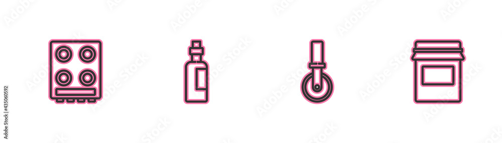 Set line Gas stove, Pizza knife, Bottle of olive oil and Jam jar icon. Vector