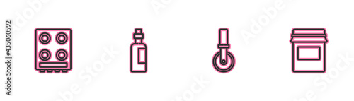Set line Gas stove, Pizza knife, Bottle of olive oil and Jam jar icon. Vector
