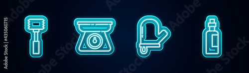 Set line Kitchen hammer, Scales, Oven glove and Bottle of olive oil. Glowing neon icon. Vector