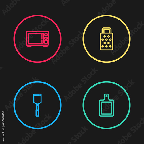 Set line Spatula, Cutting board, Grater and Microwave oven icon. Vector