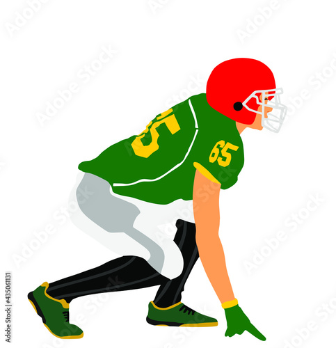 American football player in action, vector illustration isolated on white background. Sportsman in full equipment on court. Rugby sport man, popular collage sport super star.