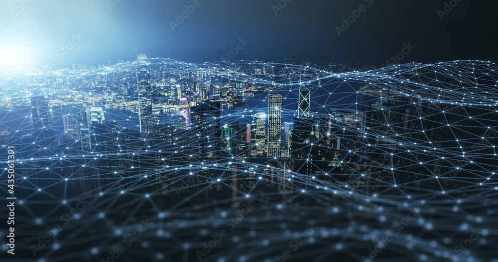 Plexus connection connectivity smart city scape blue background. Wireless  communication digital networking fast deep learning machine improving  development future AI machine and technology concept. Stock Photo | Adobe  Stock