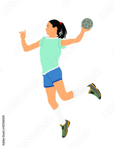 Girl handball player in action with ball vector illustration isolated on white. Woman handball player shoots a penalty. Sport lady jumping in the air.