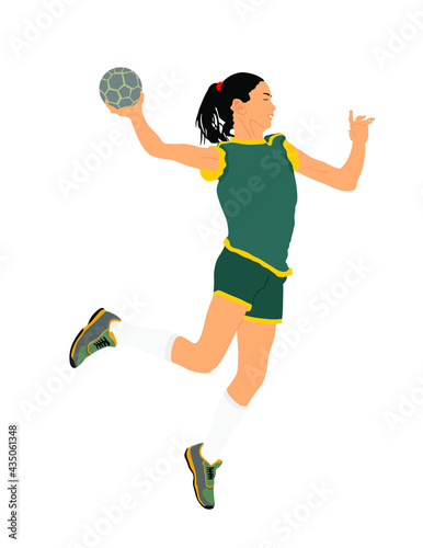 Girl handball player in action with ball vector illustration isolated on white. Woman handball player shoots a penalty. Sport lady jumping in the air.