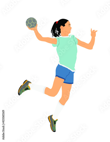 Girl handball player in action with ball vector illustration isolated on white. Woman handball player shoots a penalty. Sport lady jumping in the air.