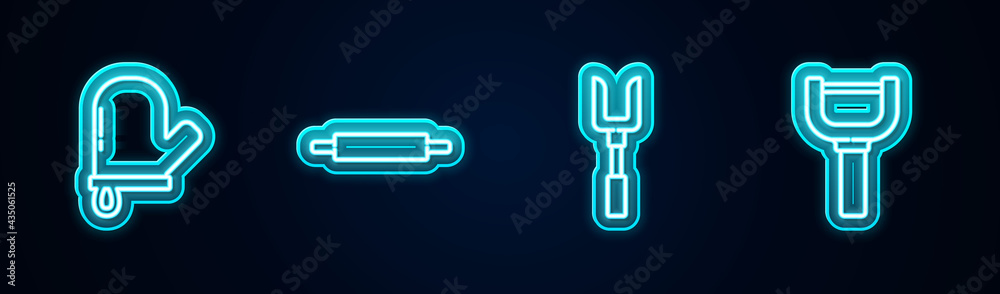 Set line Oven glove, Rolling pin, Barbecue fork and Peeler. Glowing neon icon. Vector Set line Oven glove, Rolling pin, Barbecue fork and Peeler. Glowing neon icon. Vector