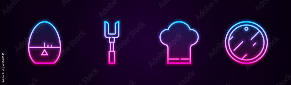 Set line Kitchen timer, Barbecue fork, Chef hat and Cutting board. Glowing neon icon. Vector Set line Kitchen timer, Barbecue fork, Chef hat and Cutting board. Glowing neon icon. Vector