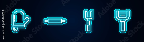 Set line Oven glove, Rolling pin, Barbecue fork and Peeler. Glowing neon icon. Vector