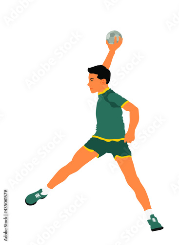 Handball player in action vector illustration. Elegant body sport figure. Dynamic athlete boy jump and shooting penalty in goal. Sport man handball attack target shut in jump.