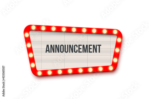 Retro announcement board sign. Cinema billboard or theatre signage, jackpot in lottery victory vector illustration. Red commercial sign board with light bulbs on white background