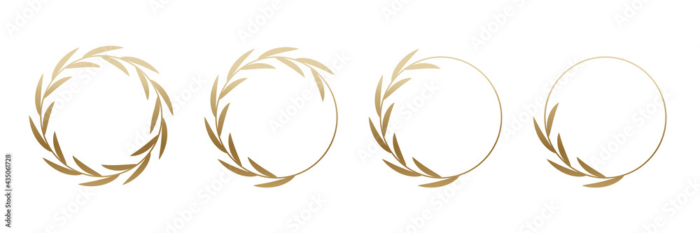 Golden laurel wreath round frame set. Rings with gold leaves, circle award logo or emblem vector illustration. Roman circular badge for anniversary, wedding, award isolated on white background - obrazy, fototapety, plakaty 