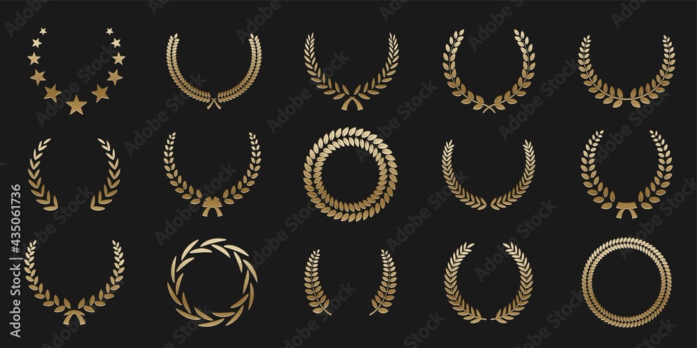 Golden laurel wreath round frame set. Rings with gold leaves, circle award logo or emblem vector illustration. Roman circular badge for anniversary, wedding, award isolated on dark background Golden laurel wreath round frame set. Rings with gold leaves, circle award logo or emblem vector illustration. Roman circular badge for anniversary, wedding, award isolated on dark background