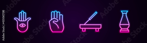 Set line Hamsa hand, Indian symbol, Scented spa stick and vase. Glowing neon icon. Vector