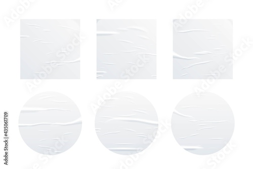 Glued white square and circle paper sheets set. Vector isolated realistic crumpled posters bundle. Wet greased wrinkles blank template texture. Empty advertising column mockup for creative design