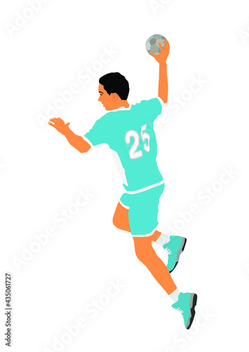 Handball player in action vector illustration. Elegant body sport figure. Dynamic athlete boy jump and shooting penalty in goal. Sport man handball attack target shut in jump.