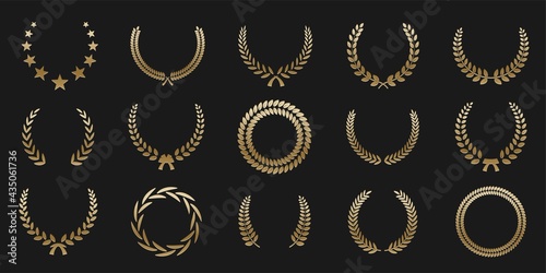 Golden laurel wreath round frame set. Rings with gold leaves, circle award logo or emblem vector illustration. Roman circular badge for anniversary, wedding, award isolated on dark background