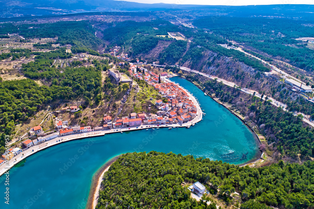 Historic town of Novigrad Dalmatinski bay panoramic aerial view