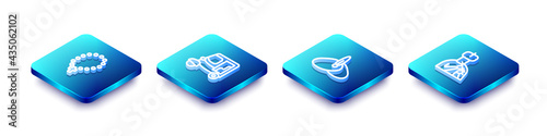 Set Isometric line Rosary beads religion, Taxi tuk tuk, Indian headgear turban and man plays flute icon. Vector