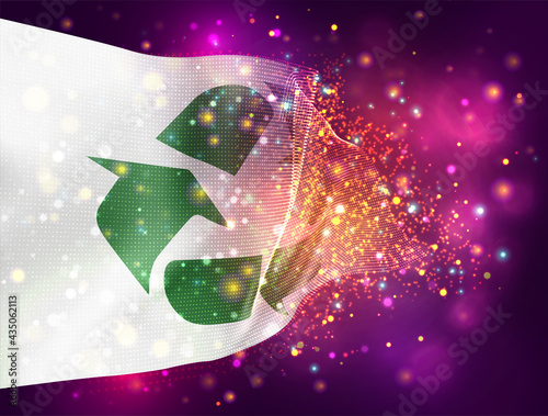 waste recycling vector 3d flag on pink purple background with lighting and flares