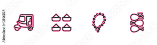Set line Taxi tuk tuk, Rosary beads religion, Indian spice and Tandoori chicken icon. Vector