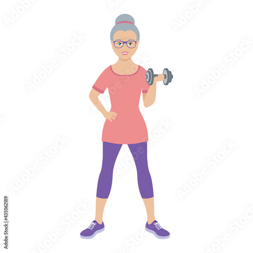 Happy elderly woman with barbell icon vector. Cheerful old woman exercise hold dumbbell vector. Senior fitness exercise icon isolated on a white background